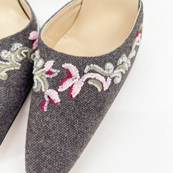 Vintage Jimmy Choo Gray Flannel Beaded Floral Embroidered Slingback Heel IT 38.5 - Picture 9 of 13
